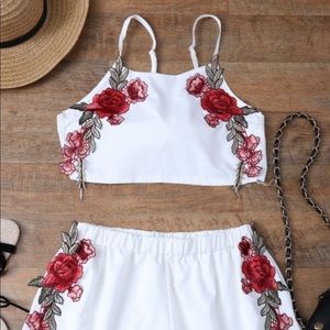 Cute white two-piece set with red rose detailing
